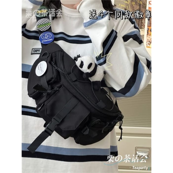 Buckled Waist Bag / Charm / Set - With Panda - Black