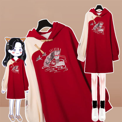 Bunny Red Colorblock Plush Hooded Sweatshirt Dress