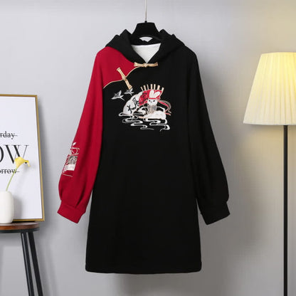 Bunny Red Colorblock Plush Hooded Sweatshirt Dress - Black