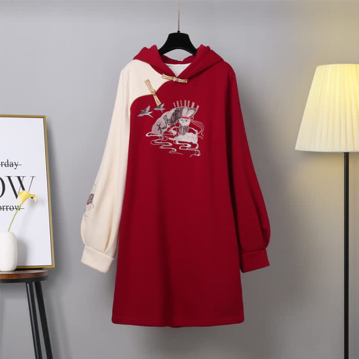 Bunny Red Colorblock Plush Hooded Sweatshirt Dress - M