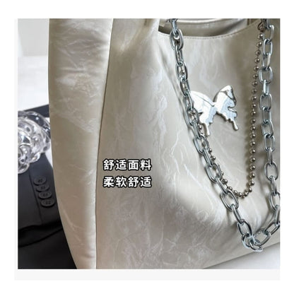 Butterfly Accent Chained Faux Leather Tote Bag