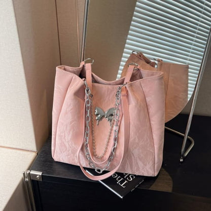 Butterfly Accent Chained Faux Leather Tote Bag - Pink