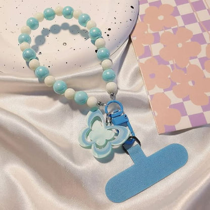 Butterfly Bead Phone Strap with Lanyard Pad - With Blue