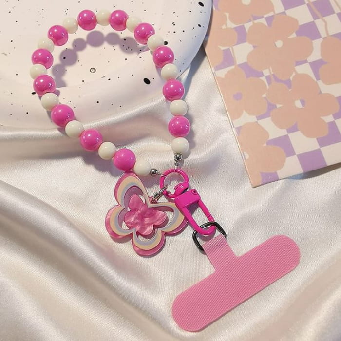 Butterfly Bead Phone Strap with Lanyard Pad - With Pink