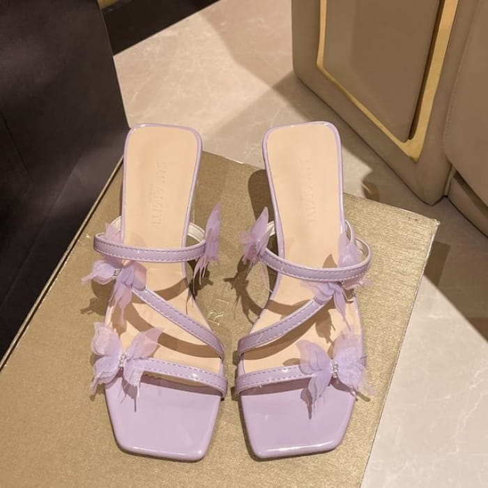 Butterfly Detail Strappy Chunky Heel Slide Sandals - Purple