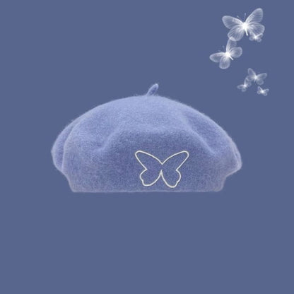 Butterfly Embroidered Beret - Blue / One Size