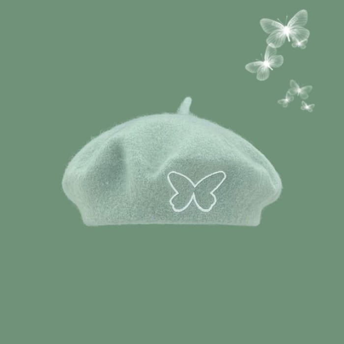 Butterfly Embroidered Beret - Green / One Size