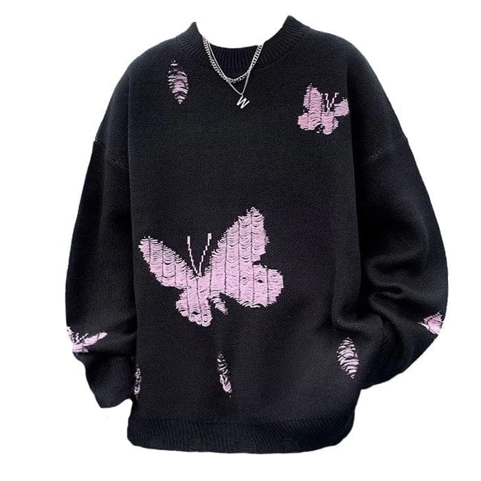 Butterfly Embroidery Sweater - M / Black