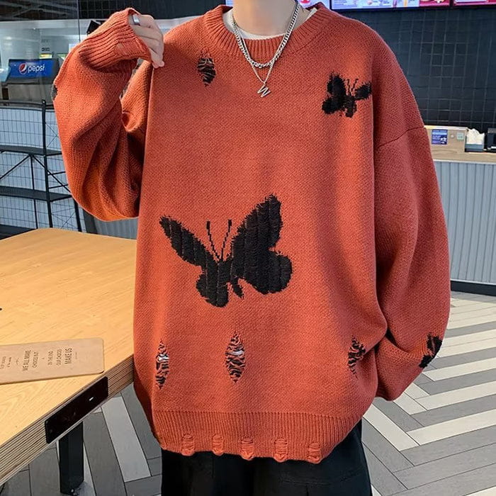 Butterfly Embroidery Sweater - M / Red