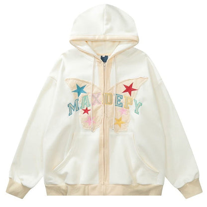 Butterfly Embroidery Zip Up Hoodie - M / Beige