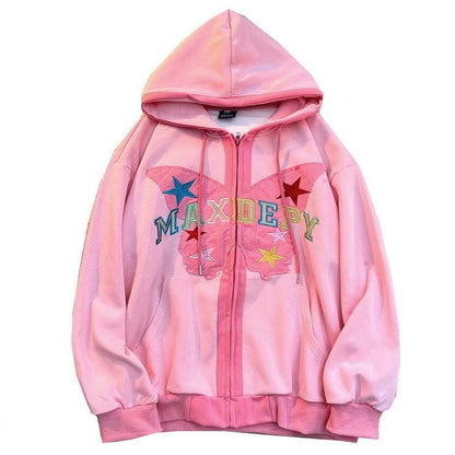 Butterfly Embroidery Zip Up Hoodie - M / Pink