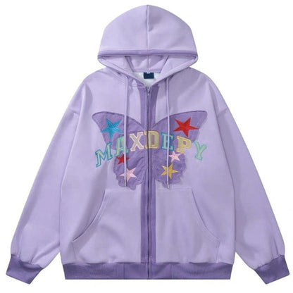 Butterfly Embroidery Zip Up Hoodie - M / Purple