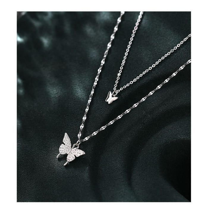 Butterfly Pendant Layered Sterling Silver Necklace