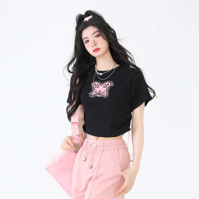 Butterfly Print Draw String T-Shirt Pocketed Cargo Pants