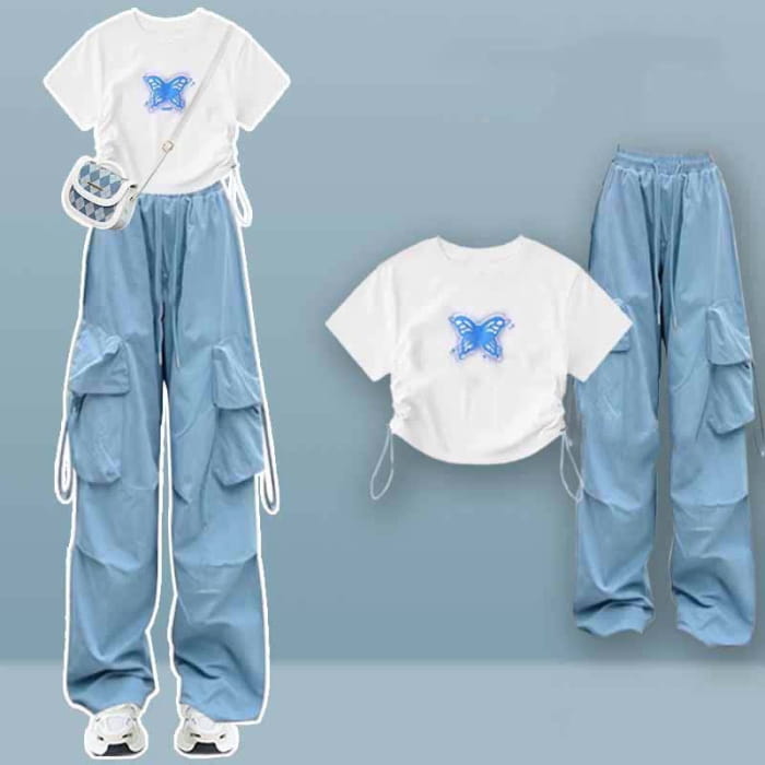 Butterfly Print Draw String T-Shirt Pocketed Cargo Pants