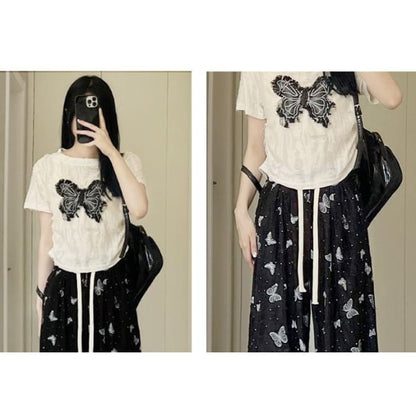 Butterfly Print High Waist Wide Leg Sweatpants