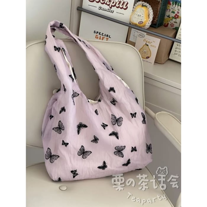 Butterfly Print Tote Bag / Charm / Set - Black - Purple