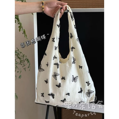 Butterfly Print Tote Bag / Charm / Set - Black - White