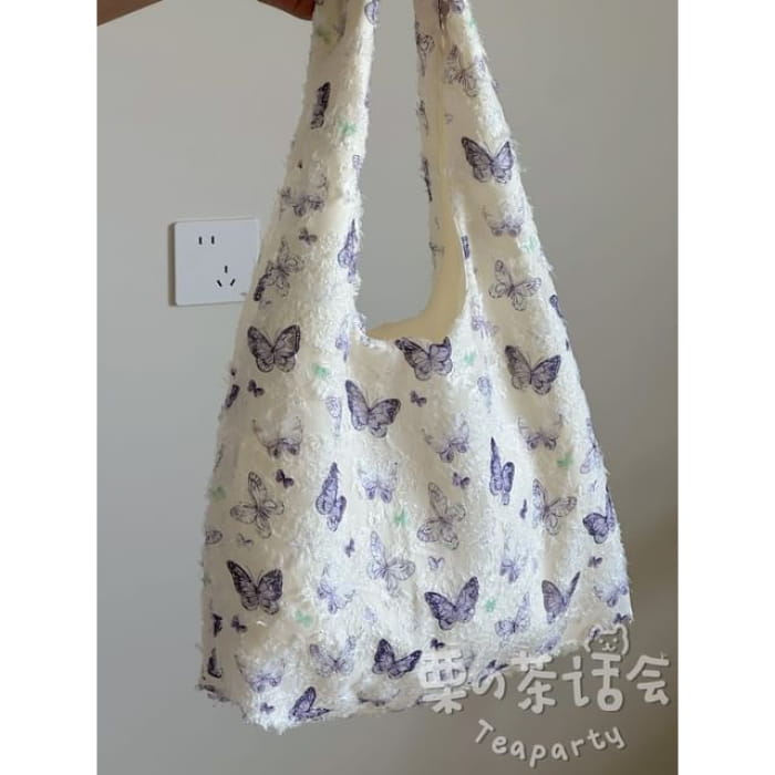 Butterfly Print Tote Bag / Charm / Set - Purple - White