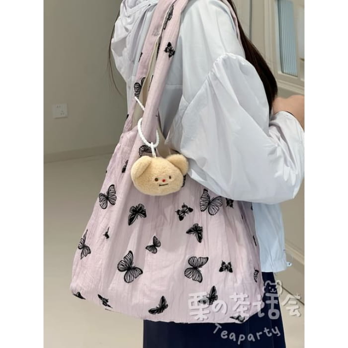 Butterfly Print Tote Bag / Charm / Set - With Bear Head