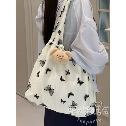 Butterfly Print Tote Bag / Charm / Set - With Bear Head