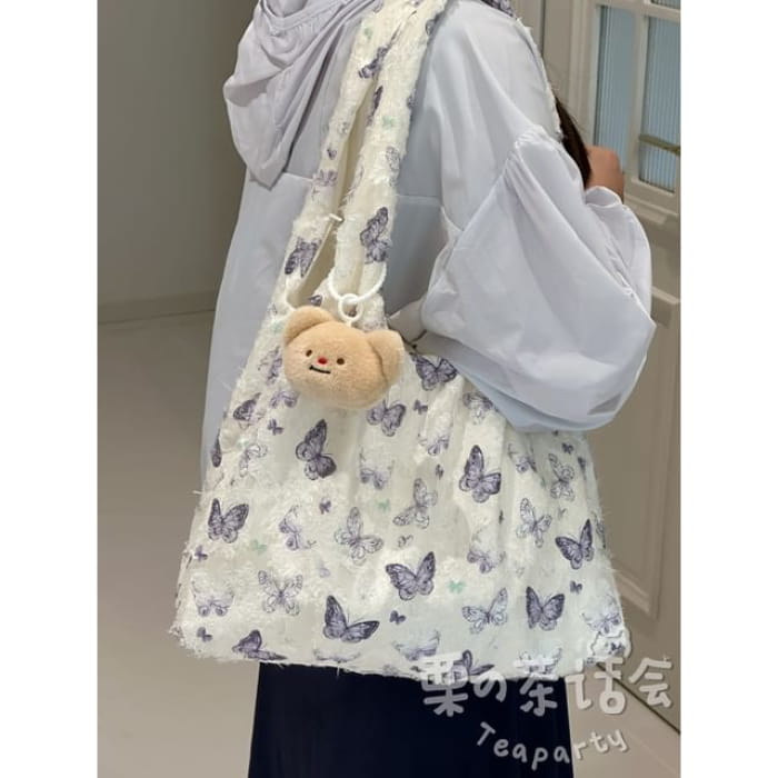 Butterfly Print Tote Bag / Charm / Set - With Bear Head