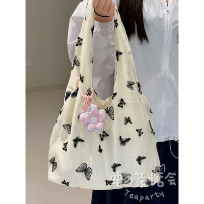 Butterfly Print Tote Bag / Charm / Set - With Pink Flower