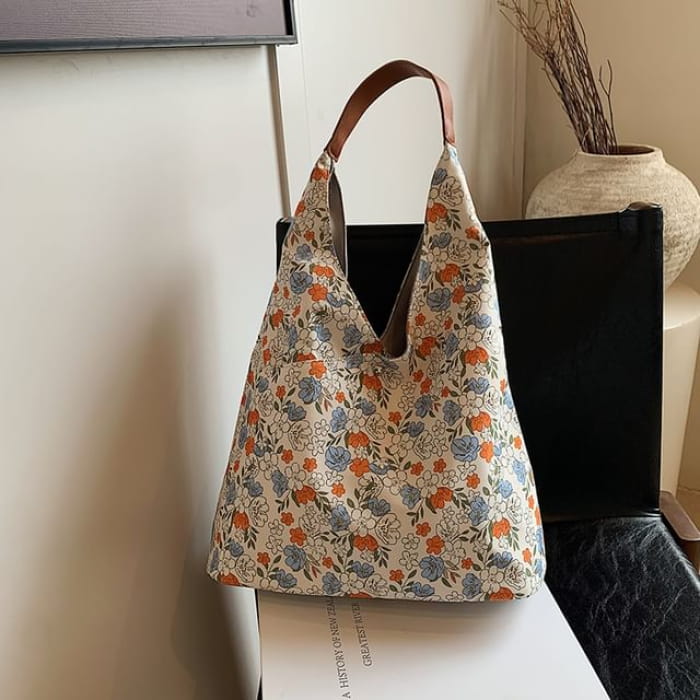 Butterfly Print Tote Bag - Floral - Red & Blue White