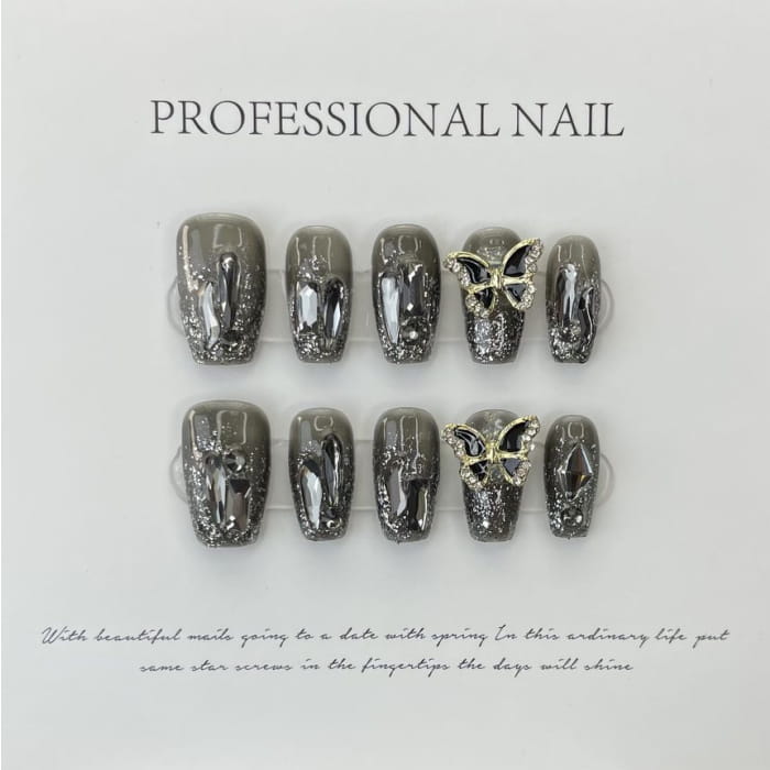 Butterfly Rhinestone Faux Nail Tips