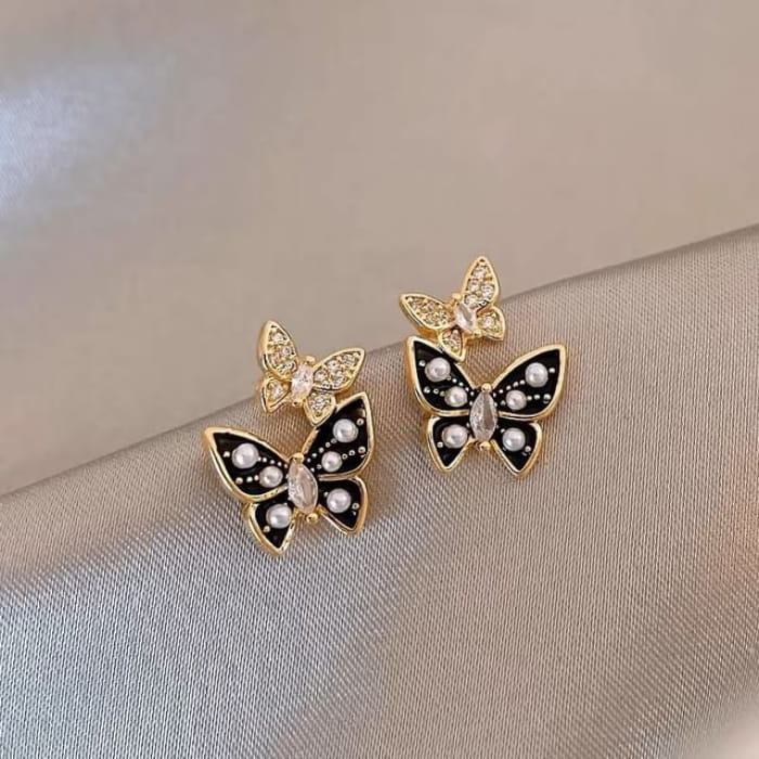 Butterfly Rhinestone Faux Pearl Ear Stud - 1 Pair - Earring