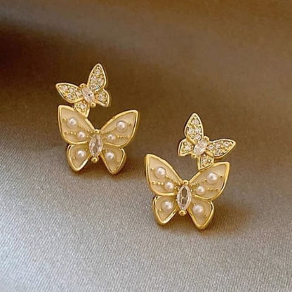 Butterfly Rhinestone Faux Pearl Ear Stud - 1 Pair - Earring