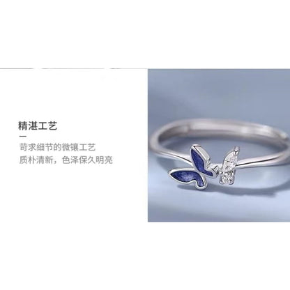 Butterfly Rhinestone Sterling Silver Open Ring