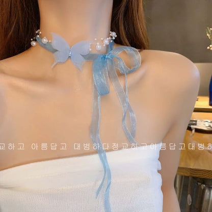 Butterfly Ribbon Choker - G3052 - Blue / One Size