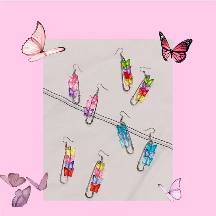 Butterfly Safety Pin Earrings - Standart / Rainvow