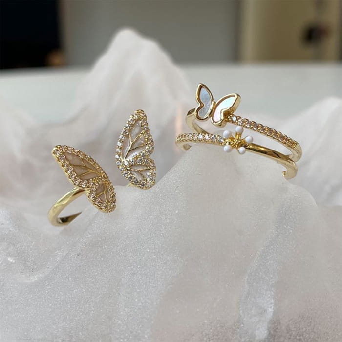 Butterfly Shell Alloy Open Ring - J3306 - Gold / One Size