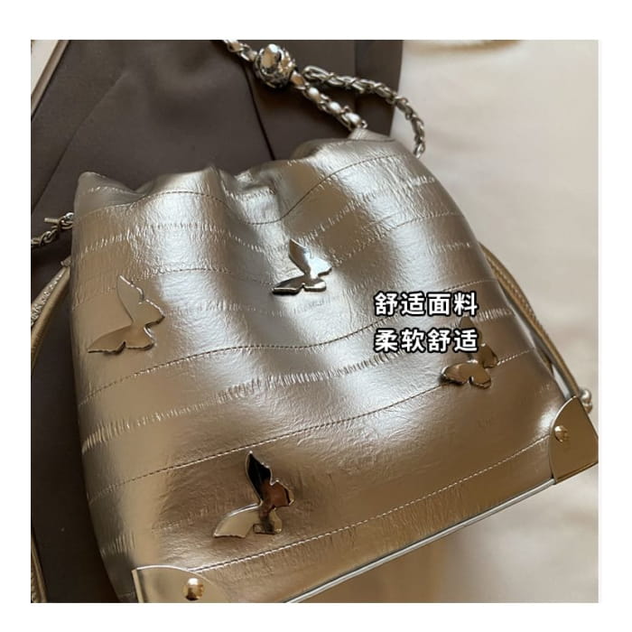 Butterfly Studded Chain Strap Faux Leather Bucket Bag