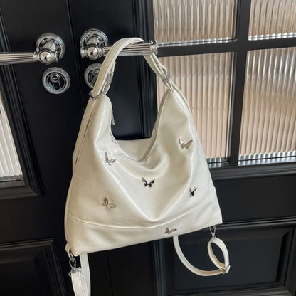 Butterfly Studded Faux Leather Backpack - White / One Size