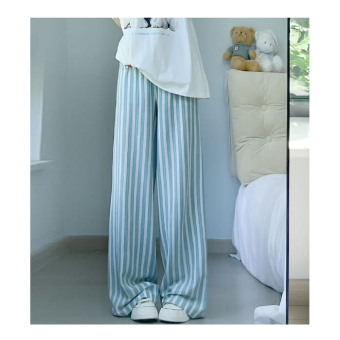 Button Applique High Rise Contrast Stripe Wide Leg