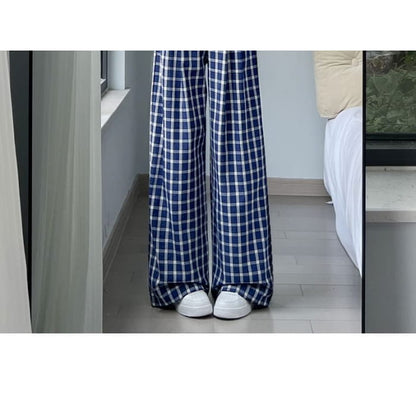 Button Applique High Rise Elastic Waist Plaid Wide Leg Pants