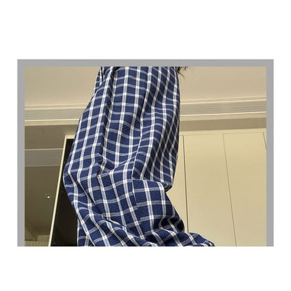 Button Applique High Rise Elastic Waist Plaid Wide Leg Pants