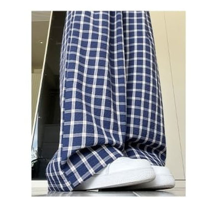 Button Applique High Rise Elastic Waist Plaid Wide Leg Pants