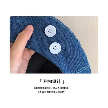 Button Washed Denim Beret - Hats