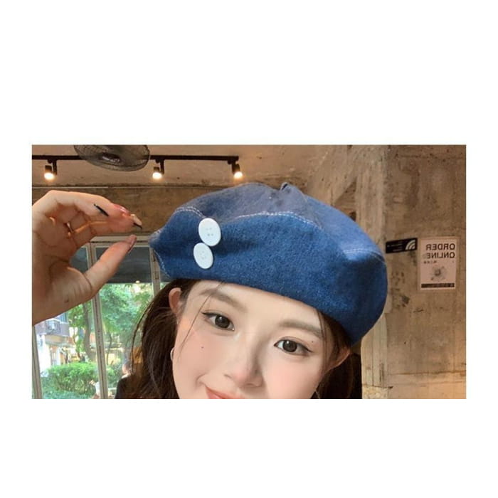 Button Washed Denim Beret - Hats