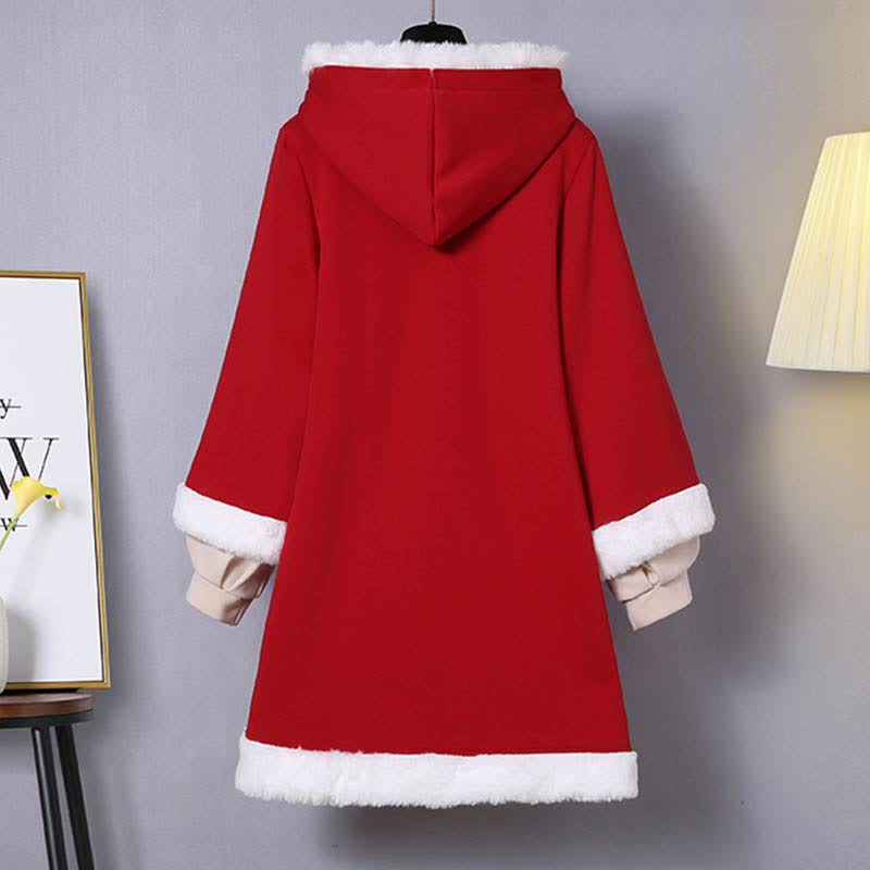 Vintage Fox Embroidery Buckle Plush Hooded Sweatshirt Dress