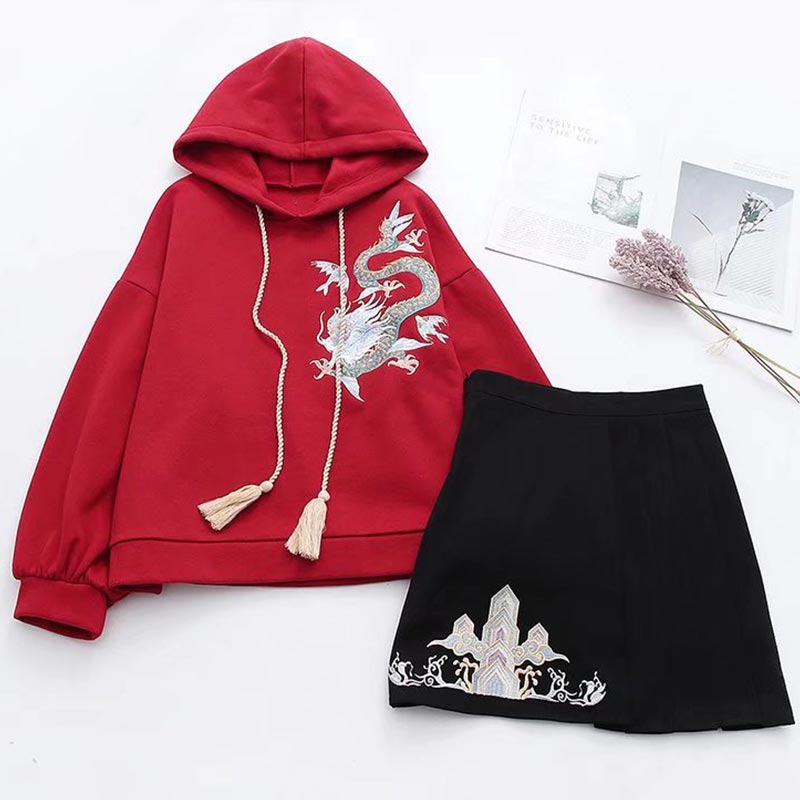 Vintage Dragon Embroidery Hoodie Skirt Set