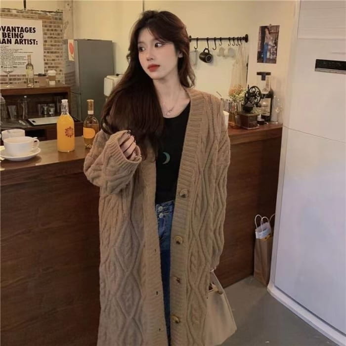 Cable-Knit V-Neck Long Cardigan