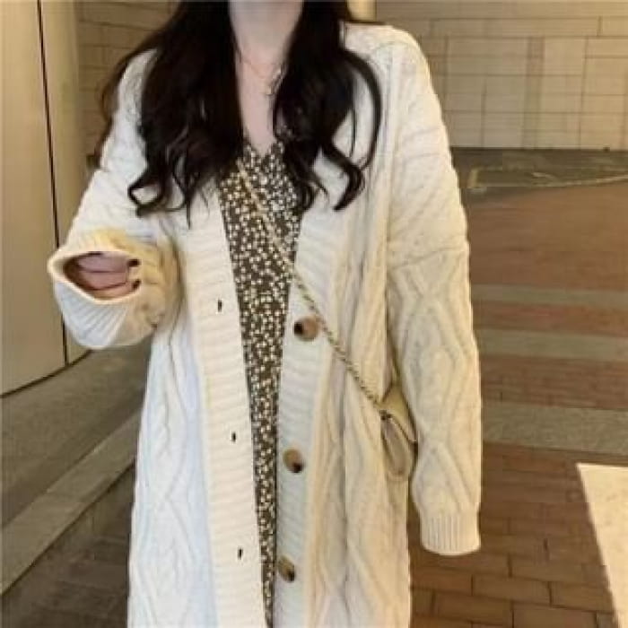 Cable-Knit V-Neck Long Cardigan - Almond / One Size