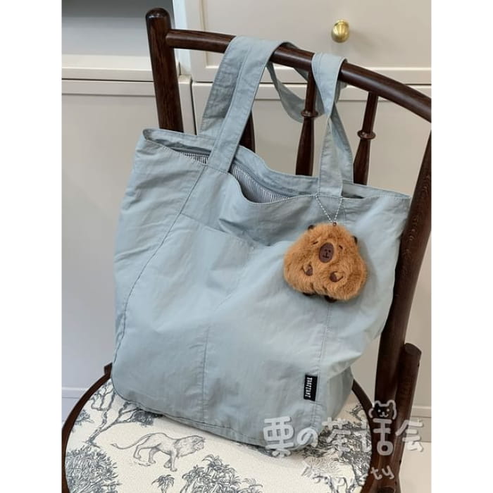 Canvas Plain Tote Bag / Charm / Set - With Capybara - Blue