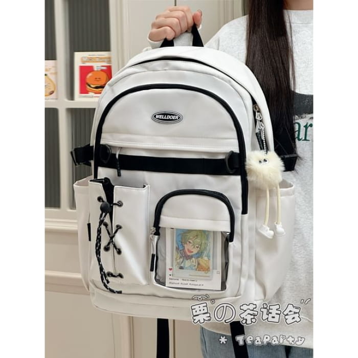 Canvas Zip Backpack - With Pom Charm - Off-White / One Size