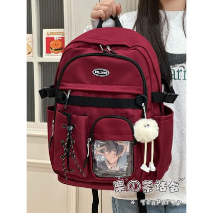 Canvas Zip Backpack - With Pom Charm - Wine Red / One Size